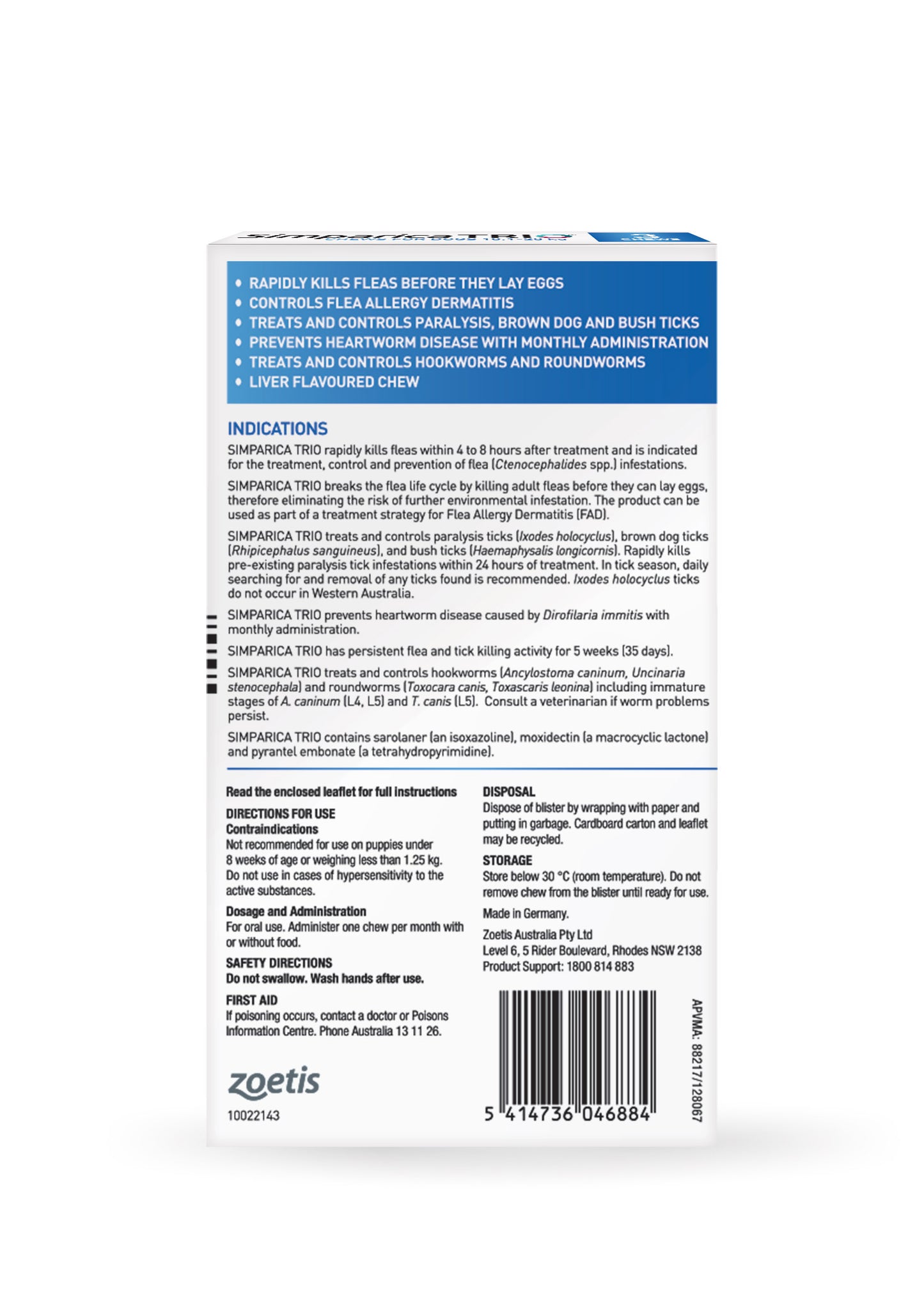 Simparica Trio Blue chewable – back panel