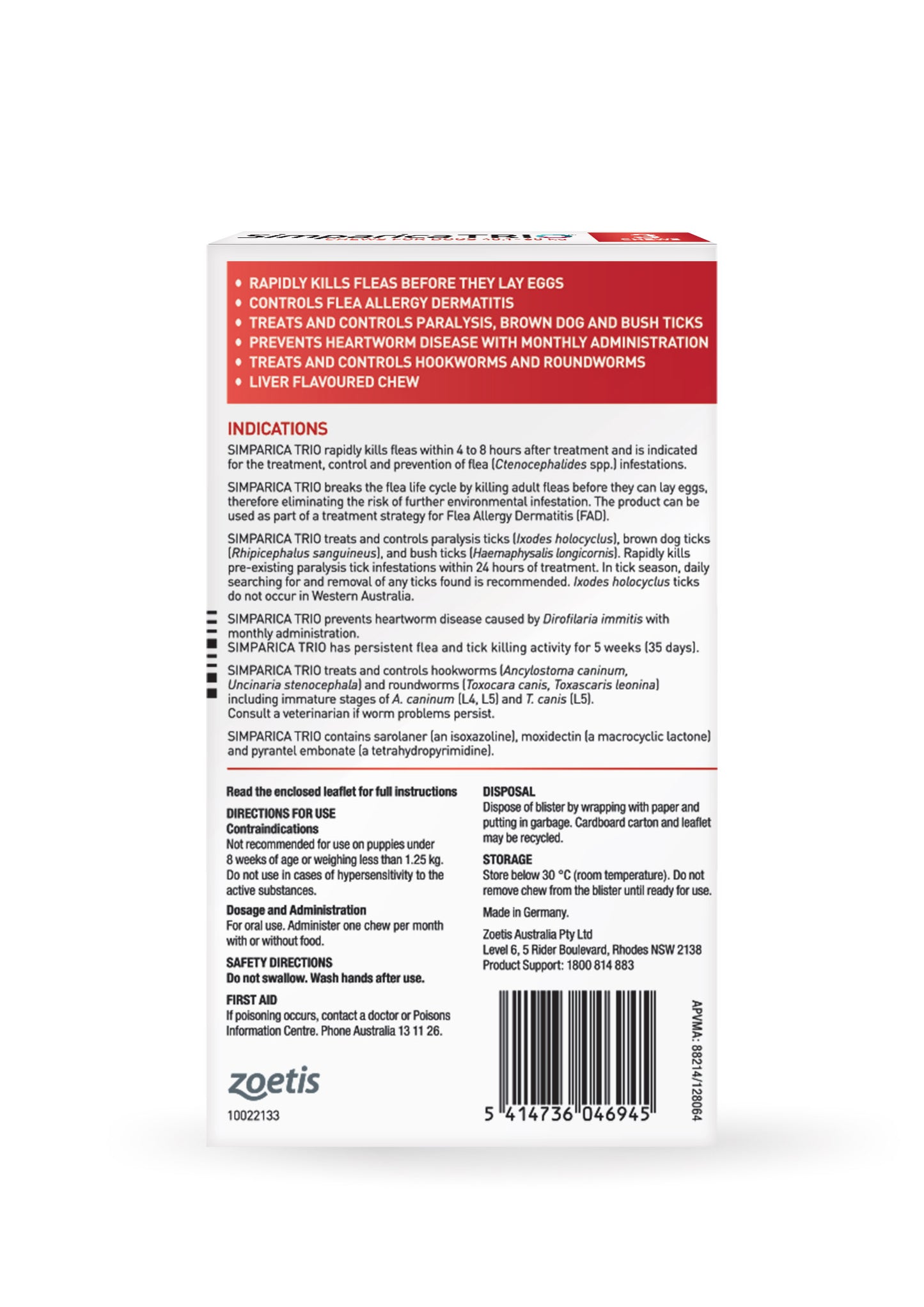 Simparica Trio Red extra large dog chewable – back panel