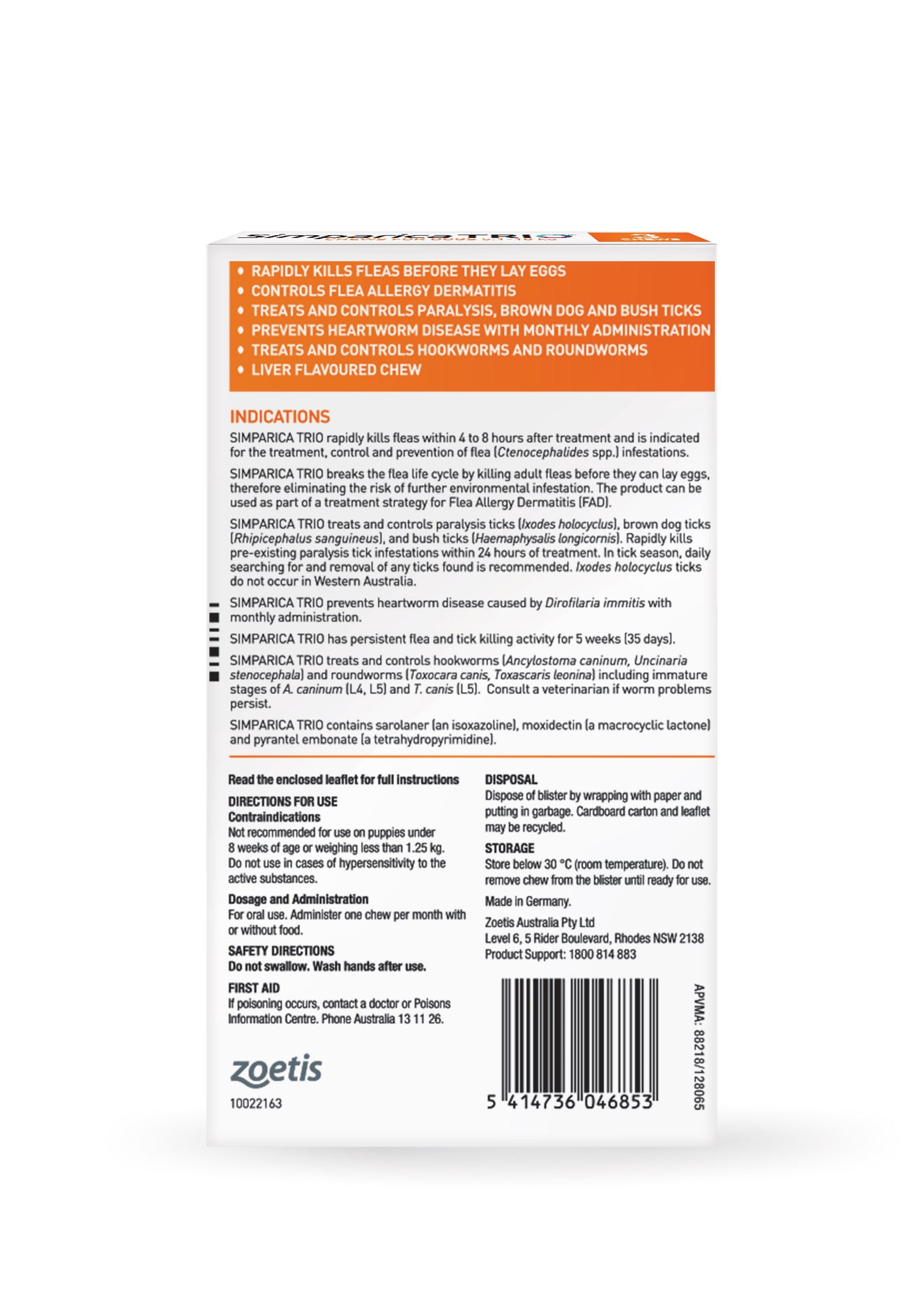 Simparica Trio Orange small dog chewable – back panel