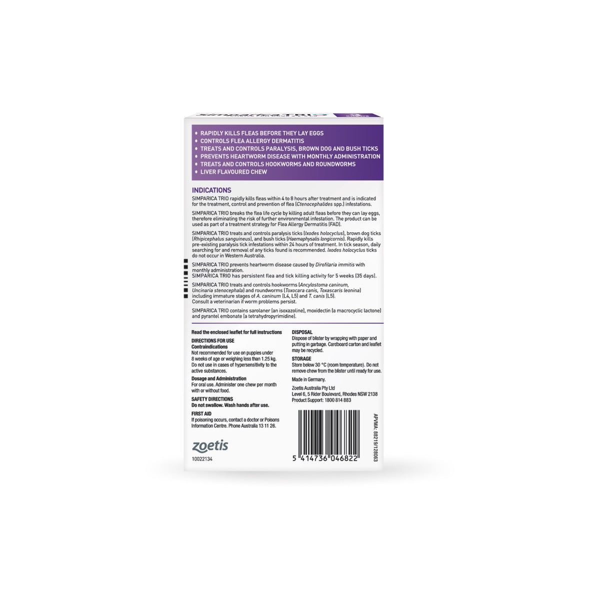 Simparica Trio Chewables For Extra Small Dogs 5.6-11lbs 2.6-5Kg Purple – back of pack