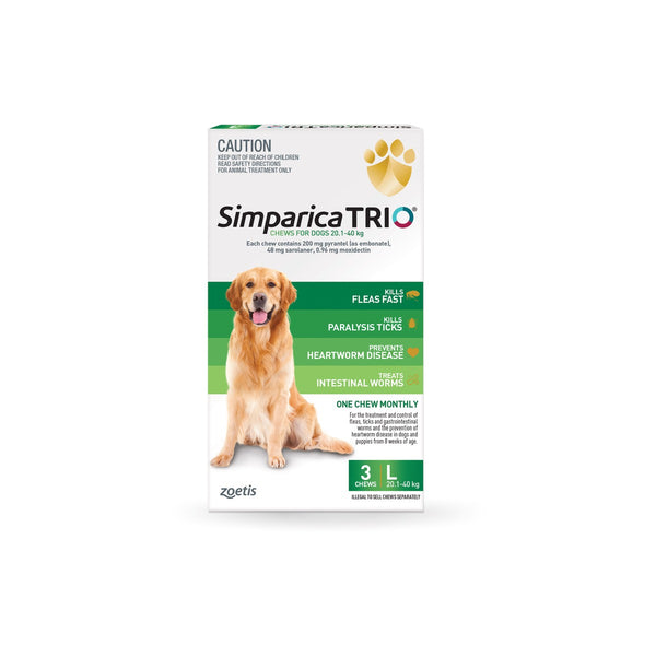 Simparica Trio Chewables For Large Dogs 44.3-88lbs 20.1-40Kg Green 3pk – front of pack – front of pack