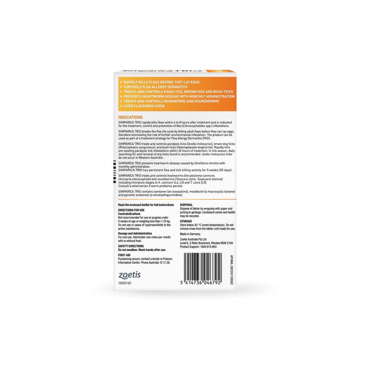 Simparica Trio Chewables For Puppies 2.8-5.5lbs 1.25-2.5Kg Yellow 3pk – back of pack