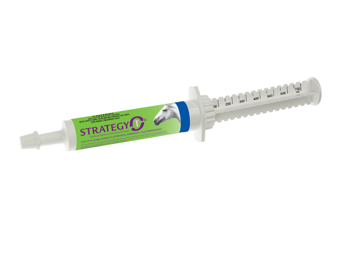 Virbac Strategy-T horse wormer paste in a white syringe with green and blue label featuring a horse head.