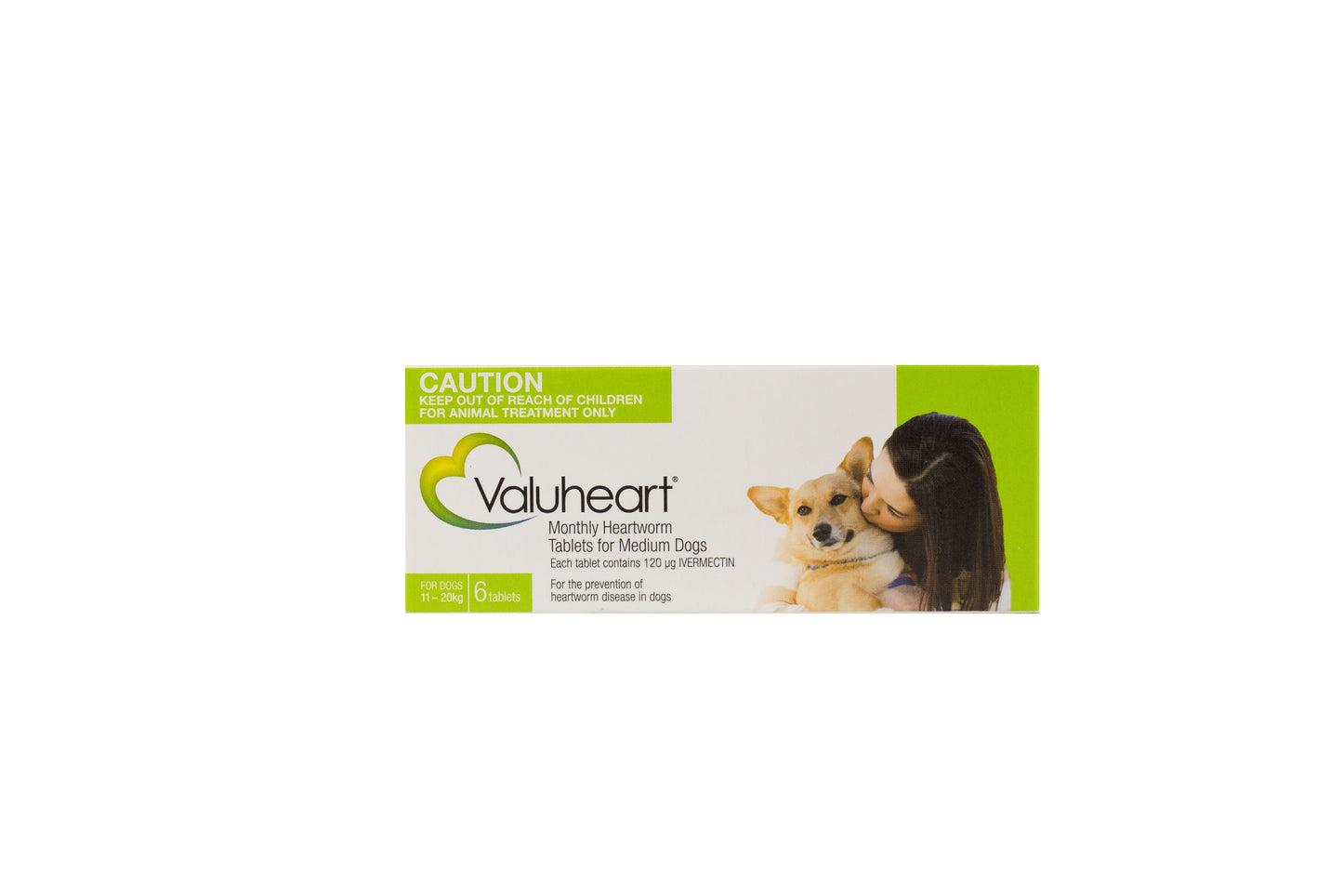 Valuheart Heartworm Tablets for Medium Dogs (11-20kg) in green and white packaging, showing a woman with a dog.