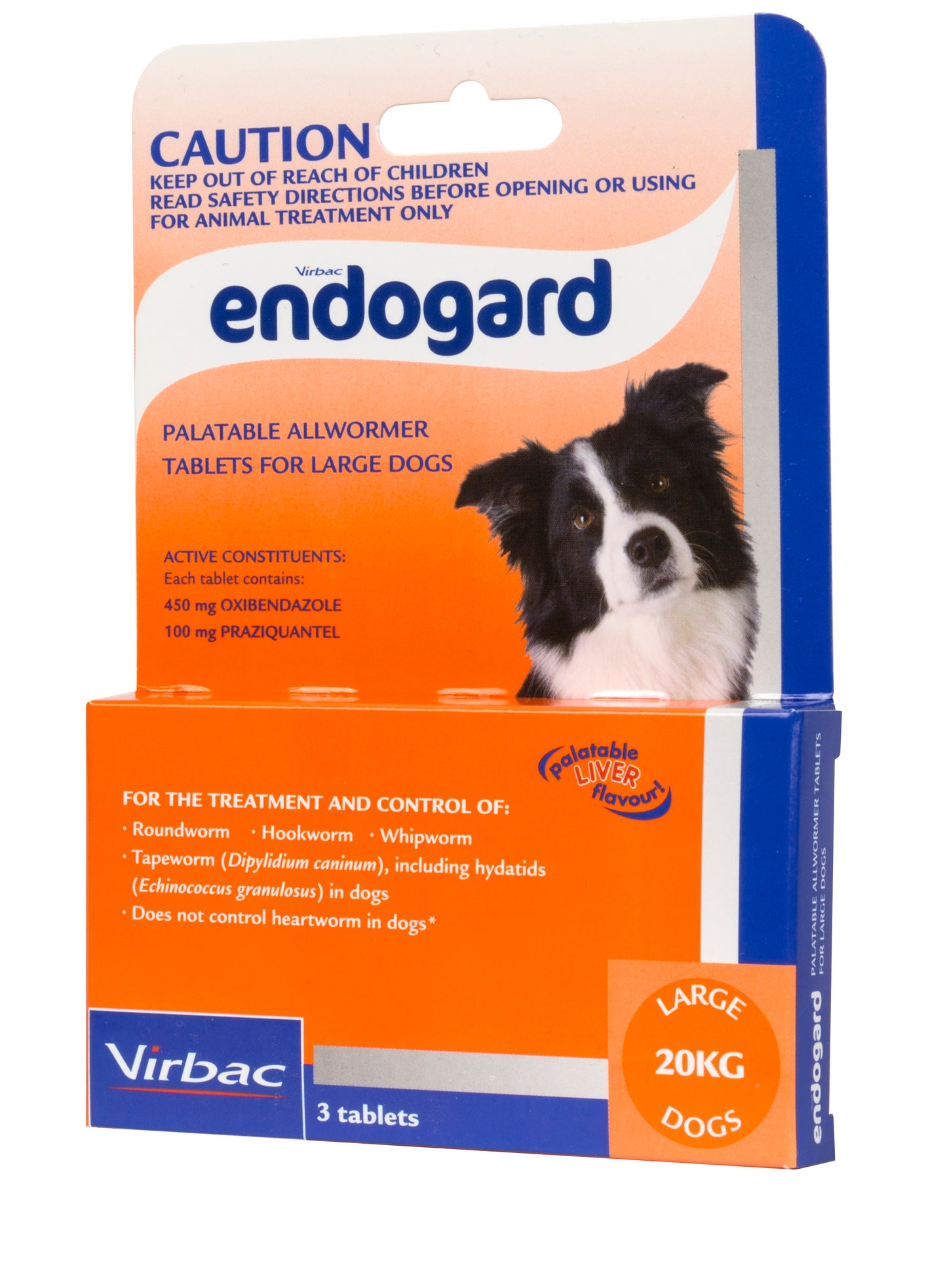 Endogard Palatable Allwormer Tablets for Large Dogs 20kg, orange and white box with a Border Collie.