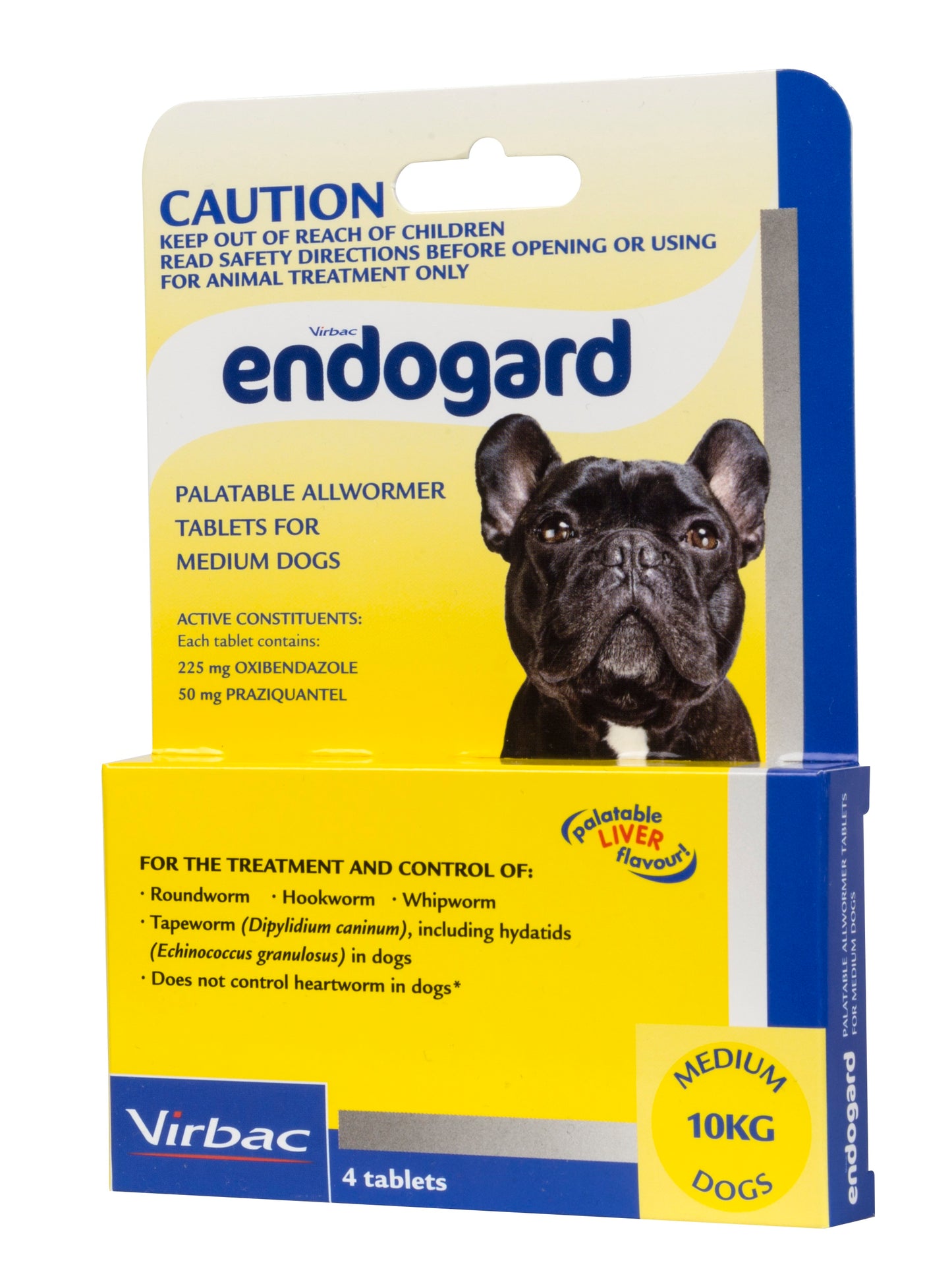 Yellow Endogard allwormer box for medium dogs 10kg, featuring a black French Bulldog and liver flavor text.