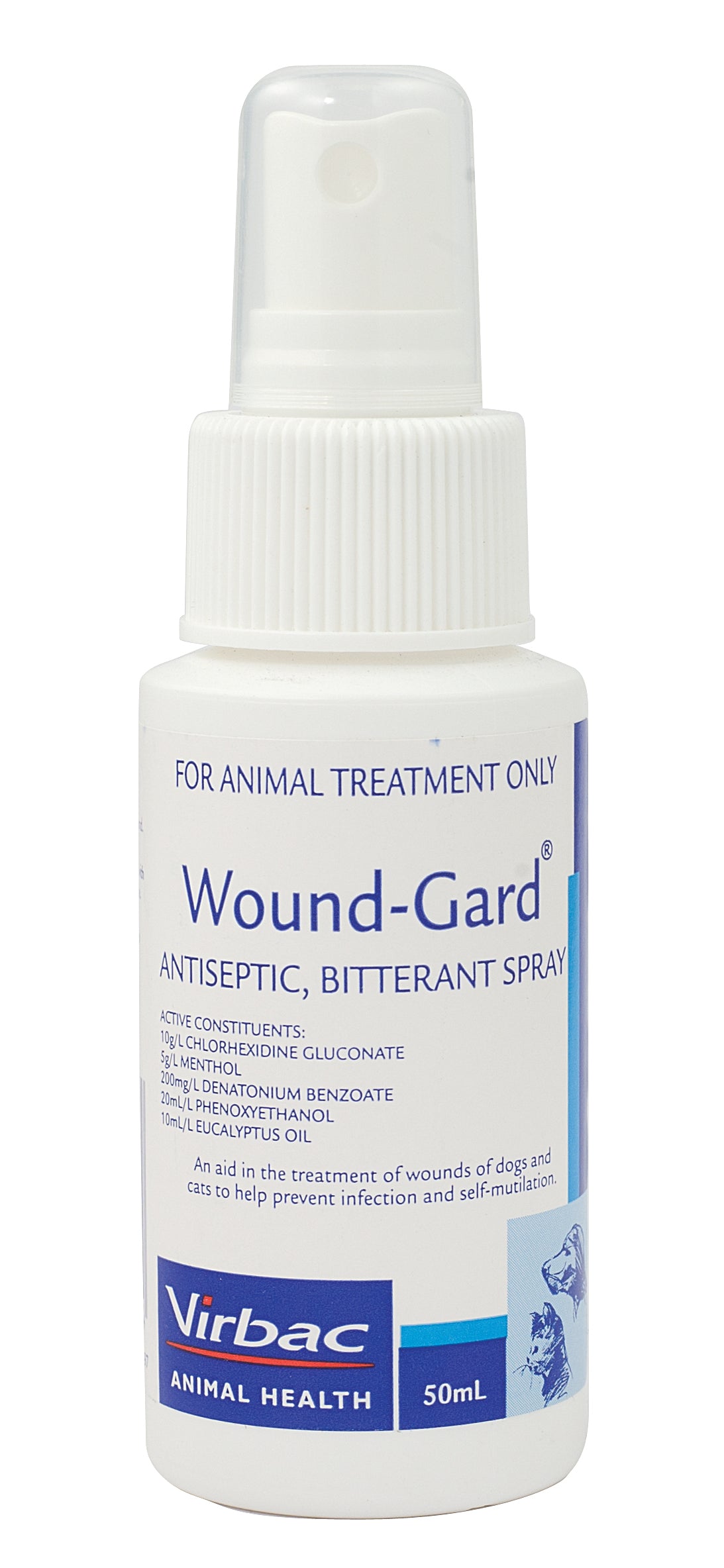 White 50ml Virbac Wound-Gard Antiseptic Bitterant Spray for animal wound care.