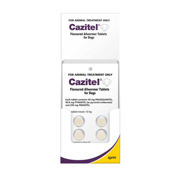 Cazitel Dog Worming Tablets 22lbs (10kg) in white and purple packaging, showing four tablets.