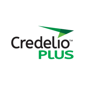 Credelio Plus logo with "Credelio" in black, "PLUS" in green, and a green arrow graphic.