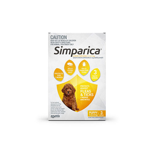 Simparica flea and tick chewable tablets for puppies 2.8-5.5 lbs, yellow 3 pack
