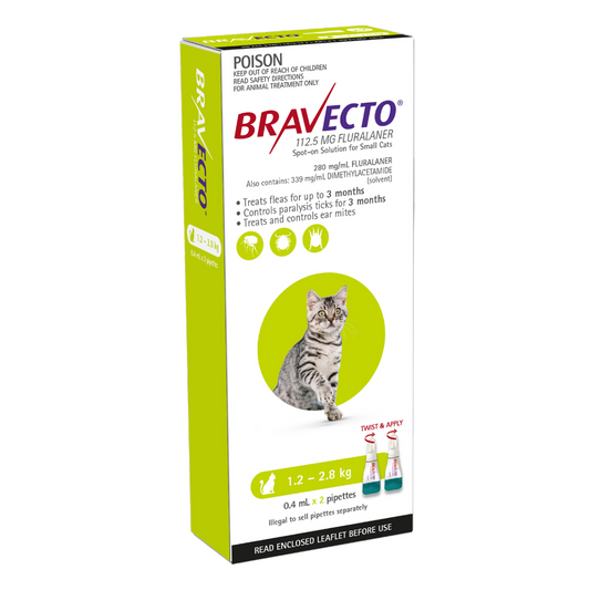 Bravecto Spot-On flea and tick treatment for small cats 2.6-6.2 lbs, green 2 pack
