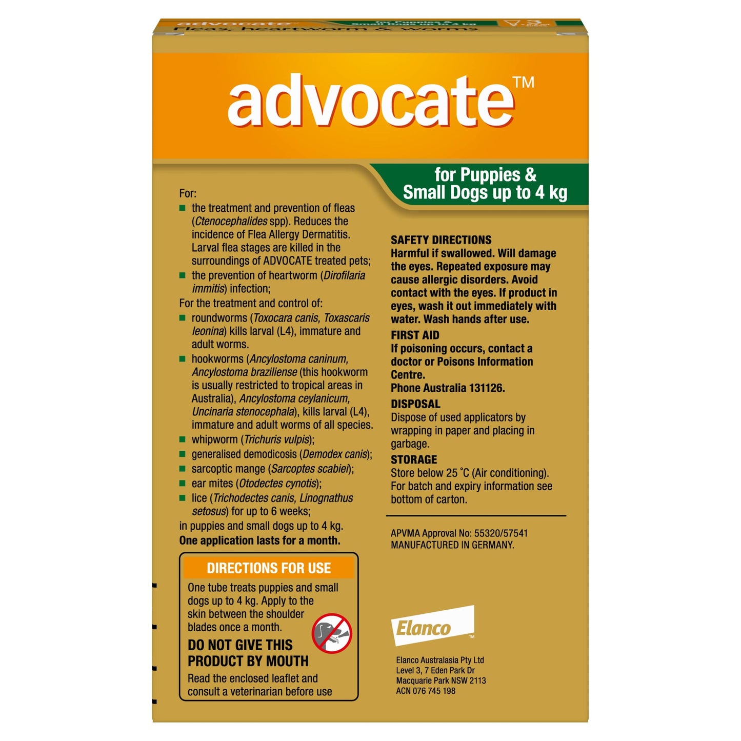 Advocate flea and worm spot-on for small dogs and puppies, 0-4kg, green box