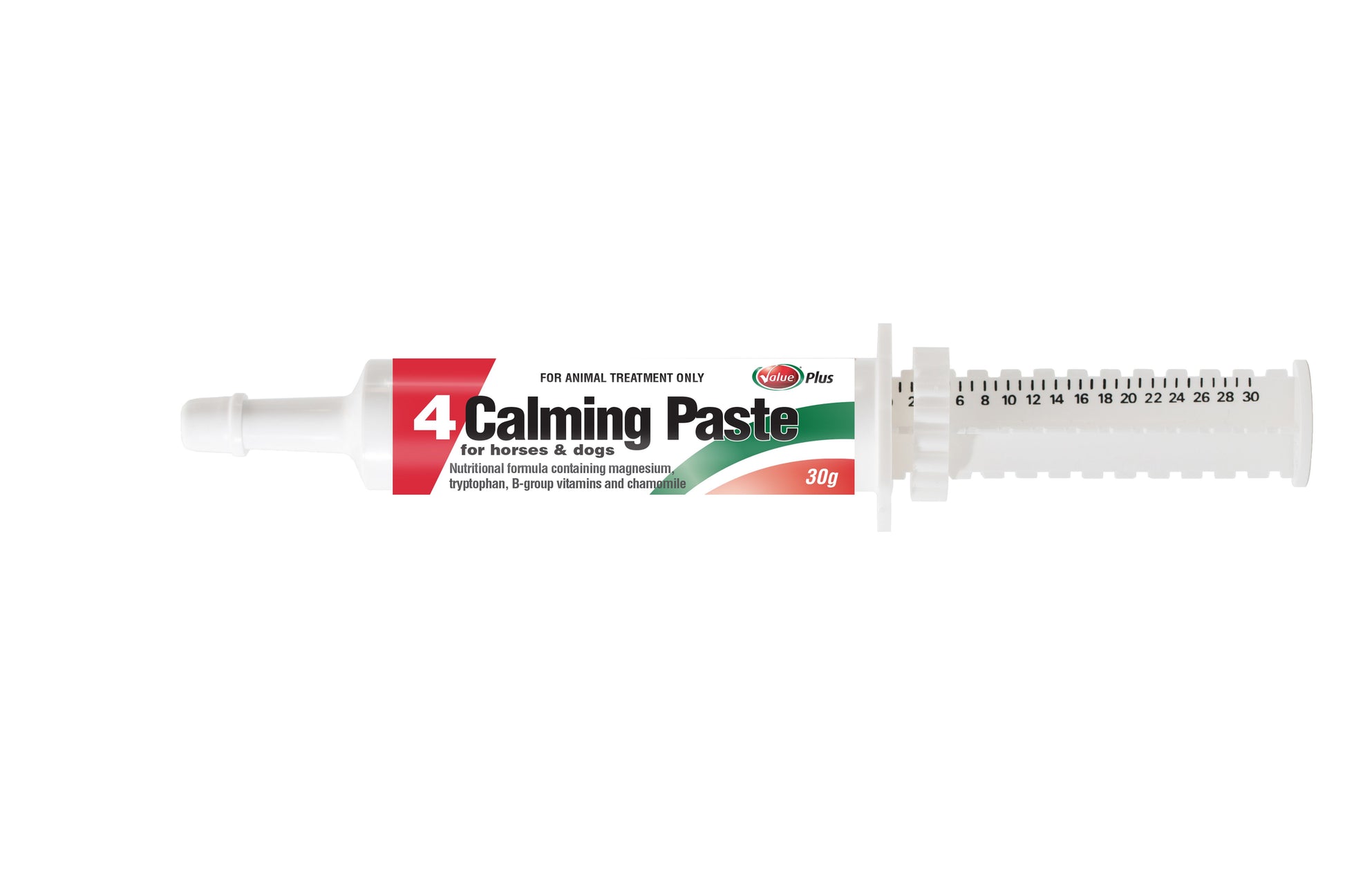 White syringe of 4 Calming Paste for horses & dogs, 30g, with red and green label.