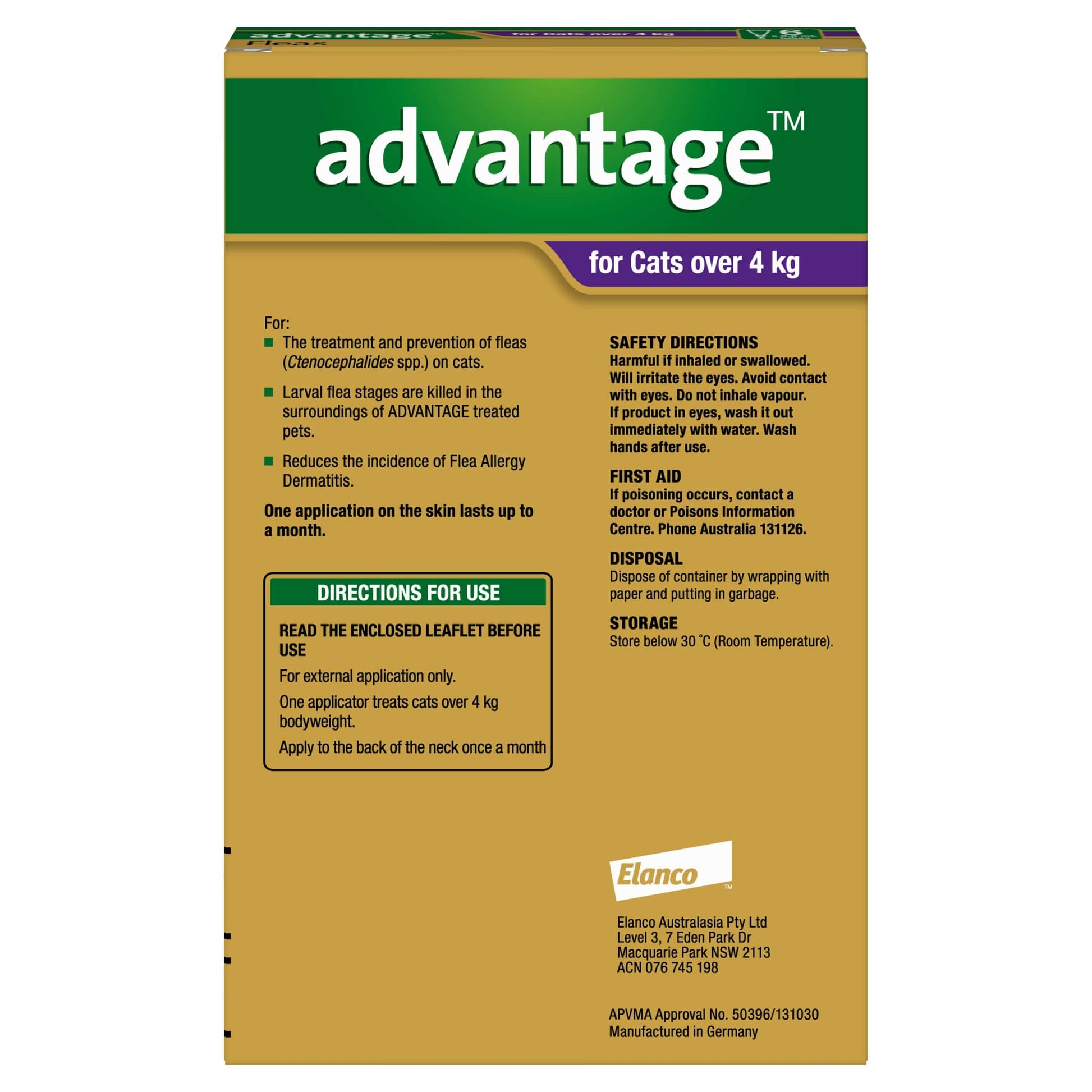 Advantage for Cats over 4kg purple box with product details and directions.