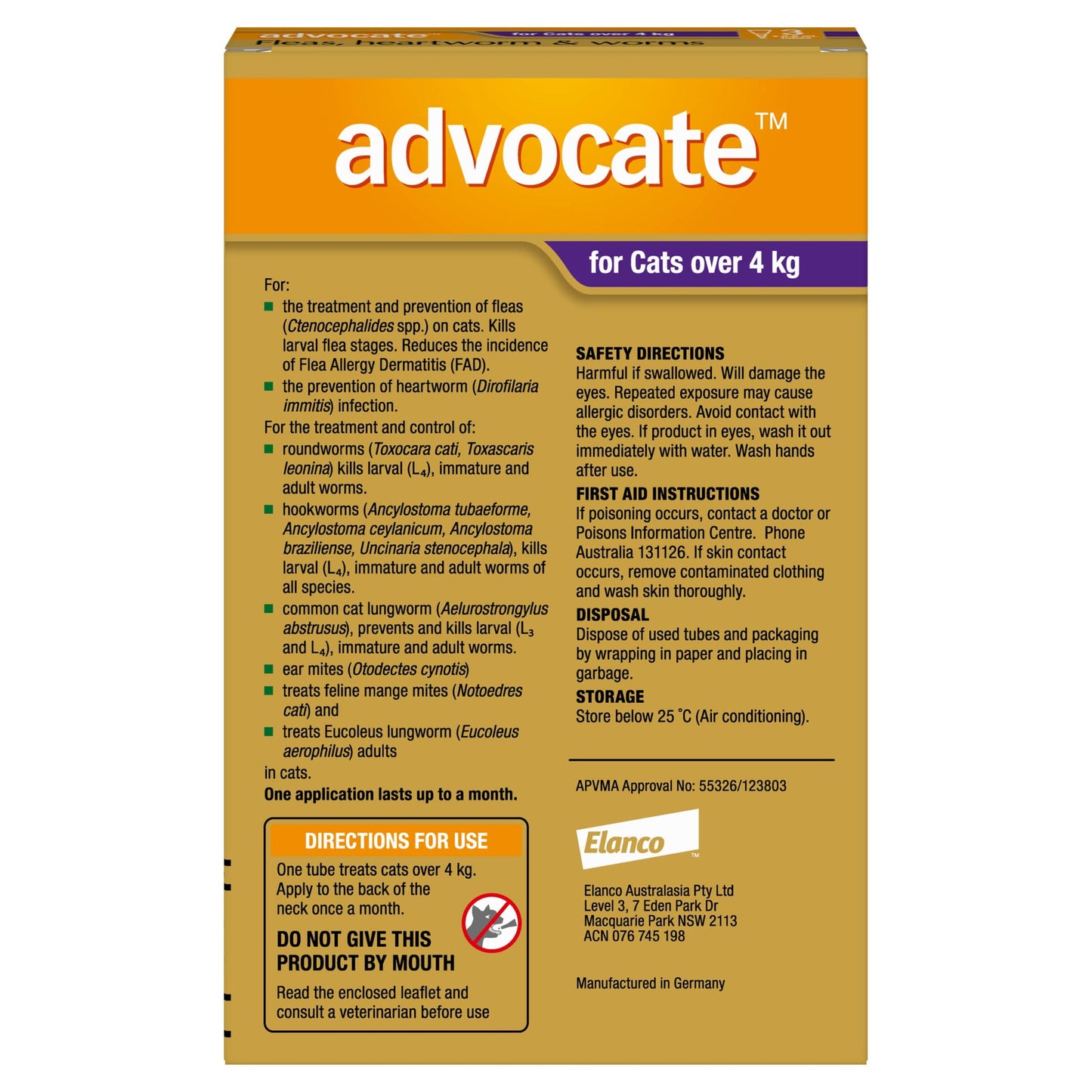 Advocate Spot-On for Cats Over 4kg (9lbs) purple box, showing product details and directions.
