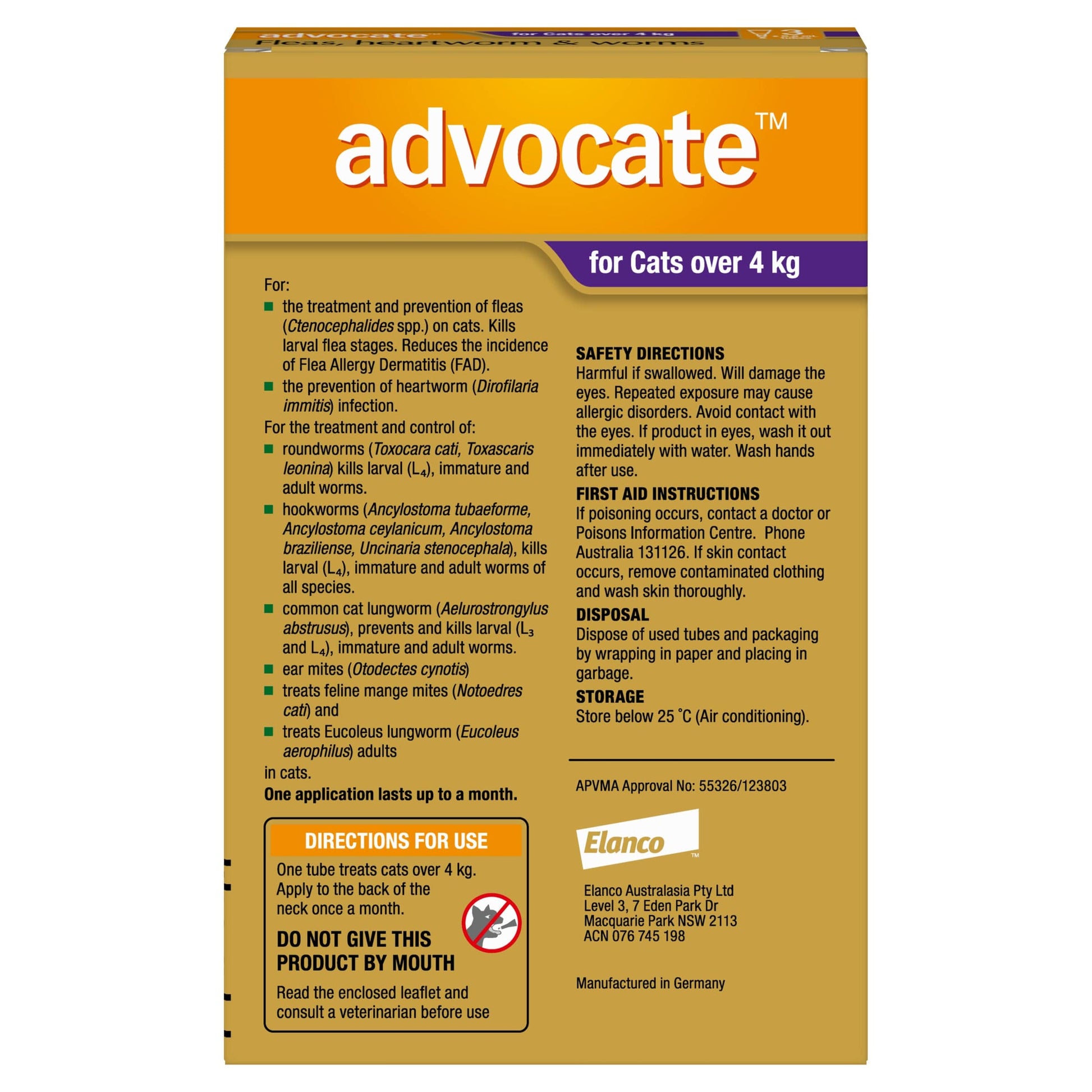 Advocate Spot-On for Cats Over 4kg (9lbs) purple box, showing product details and directions.