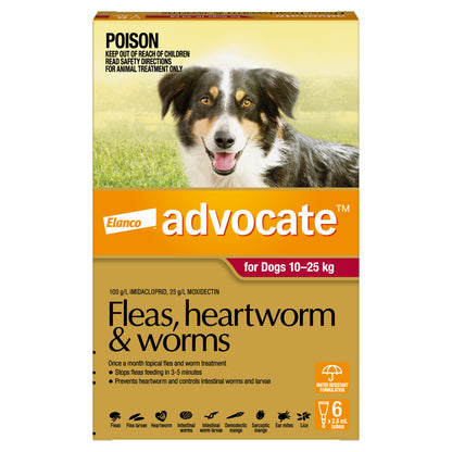 Advocate Spot-On for Dogs 10-25kg, red and tan box with a happy border collie.