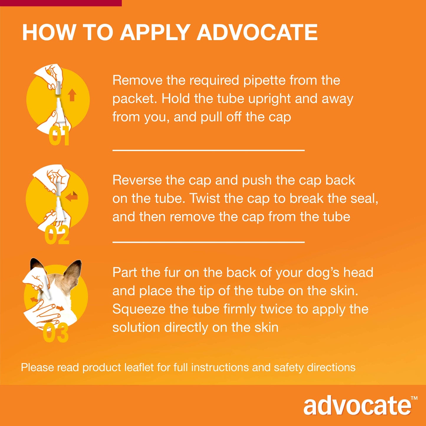 Instructions for applying Advocate spot-on treatment to a dog, showing pipette removal, sealing, and application.