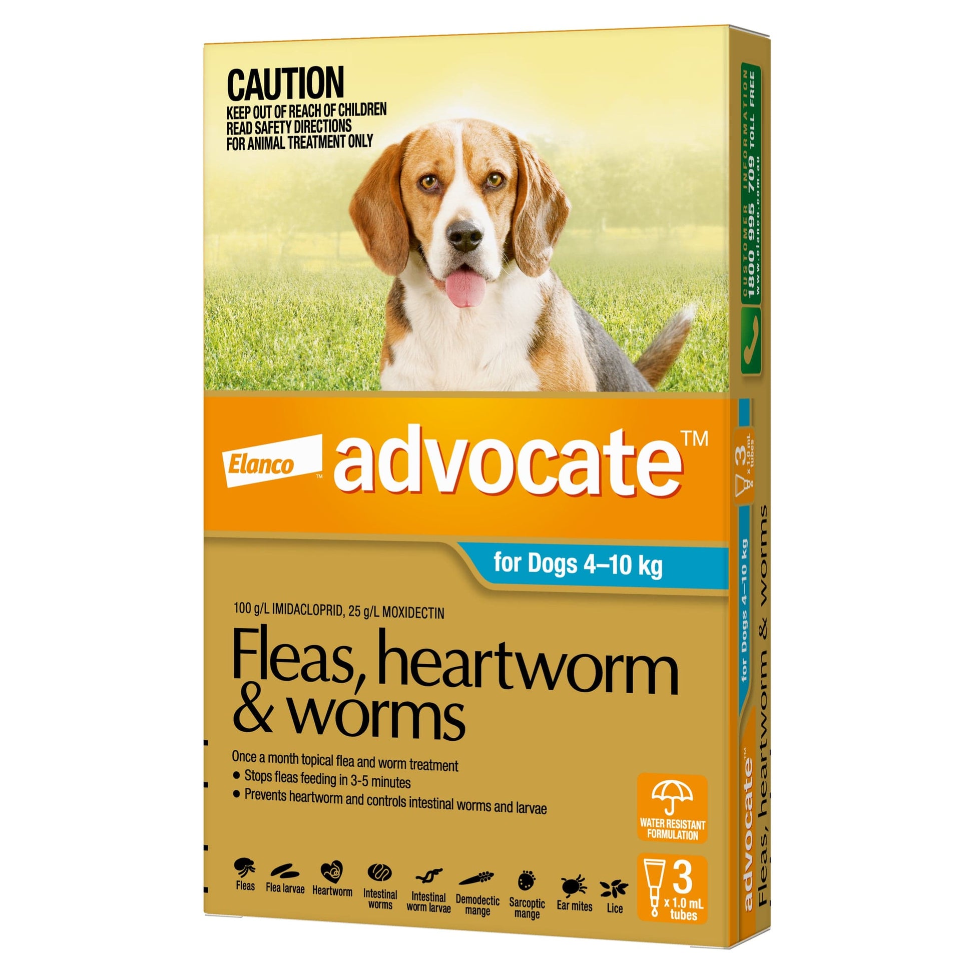 Advocate Spot-On for Dogs 4-10kg box with a beagle, orange and gold design, and product details.