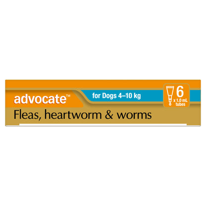 Advocate Spot-On for Dogs 4-10 kg, orange and blue box, 6 x 1.0 mL tubes for fleas, heartworm & worms.