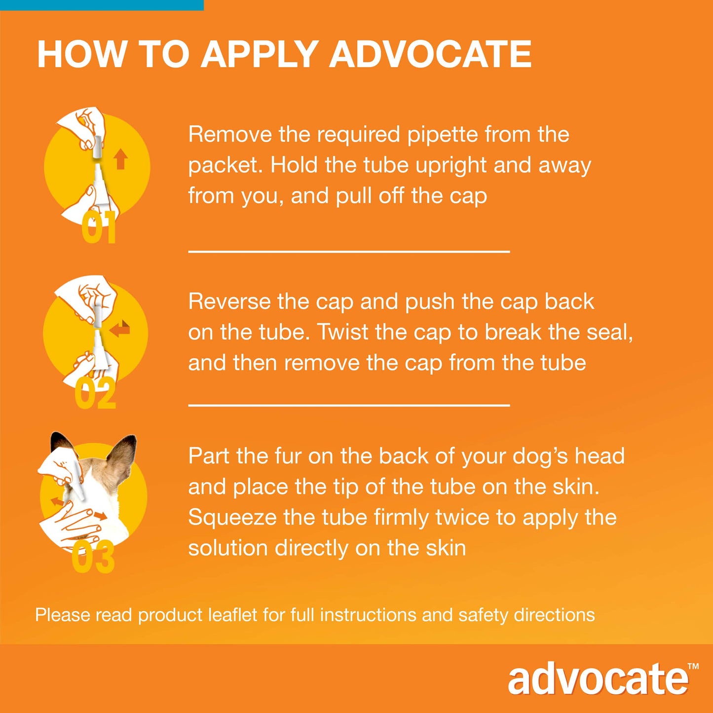 Illustrated guide showing three steps to apply Advocate spot-on treatment to a dog.