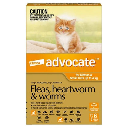 Advocate Spot-On orange box for kittens & small cats up to 9 lbs, featuring a ginger kitten.