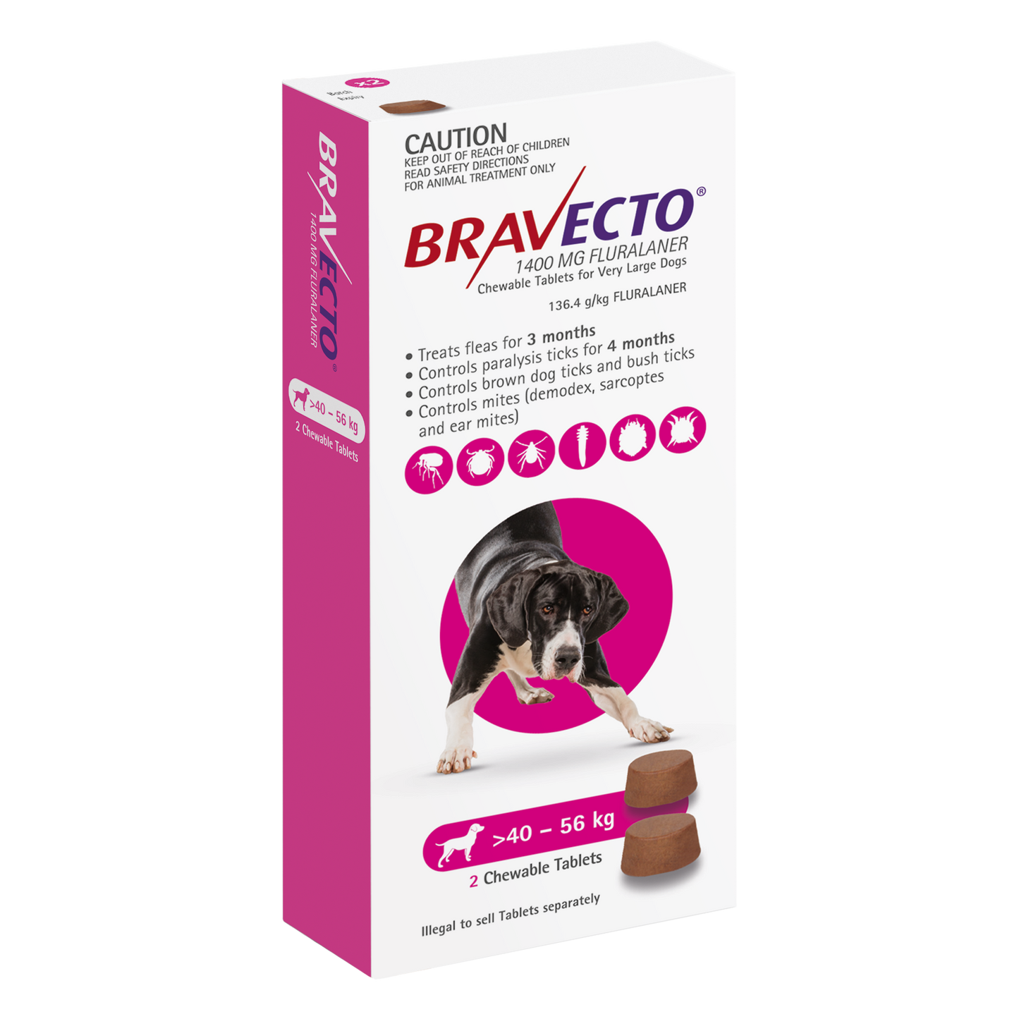 Bravecto Chewables for Very Large Dogs, pink and white box with a black and white dog, two brown chews.