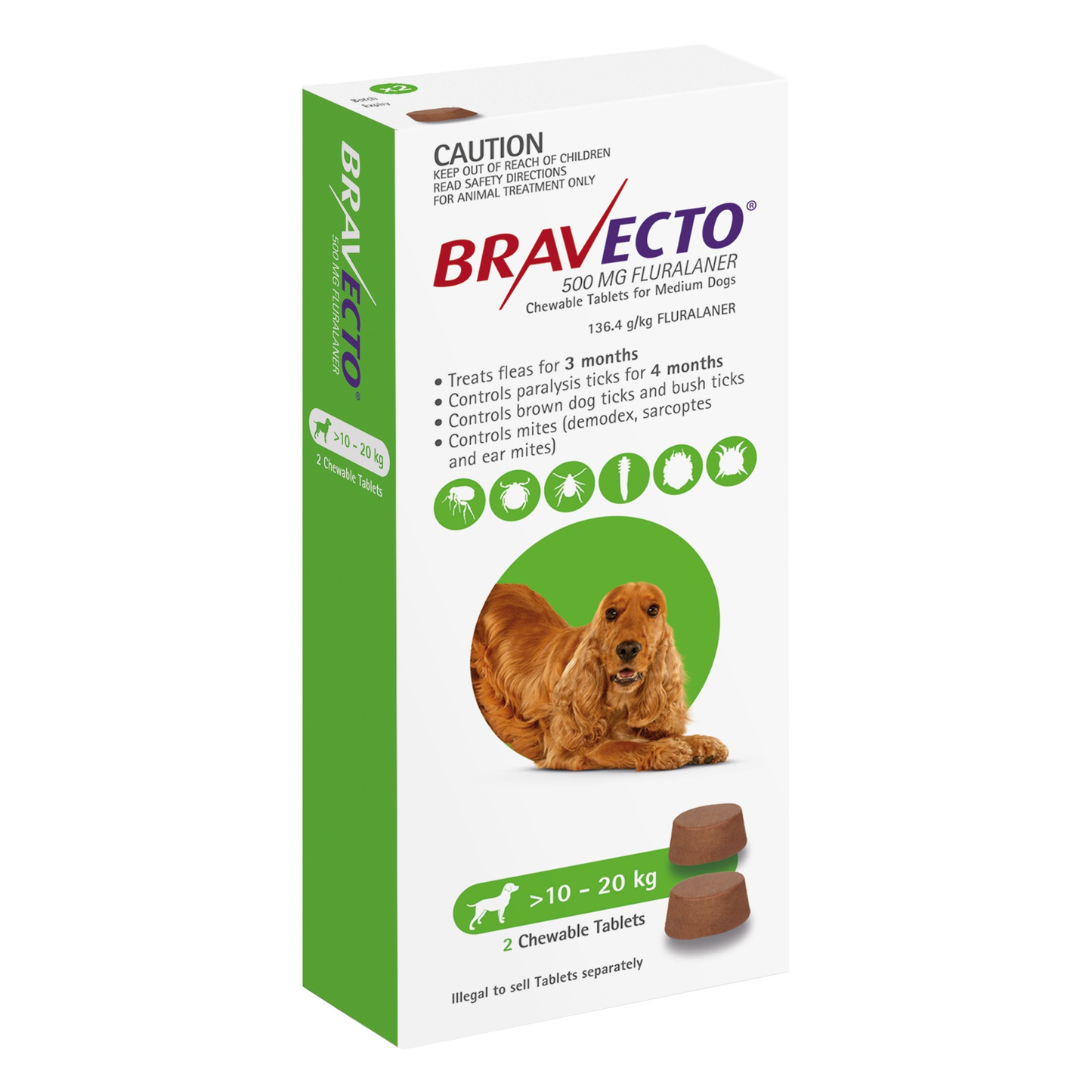 Bravecto Chewable Tablets for Medium Dogs 10-20 kg, white and green box with a dog and two chews.