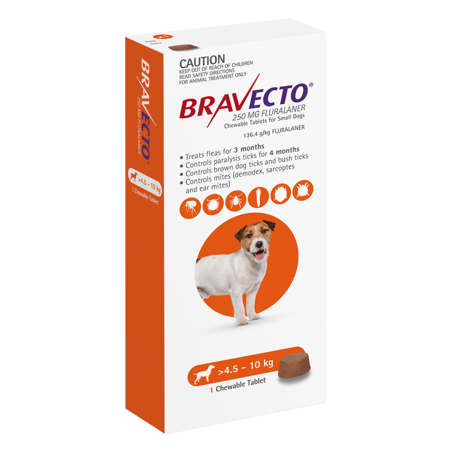 Bravecto chewable flea and tick tablet for small dogs 9.9-22 lbs, orange pack