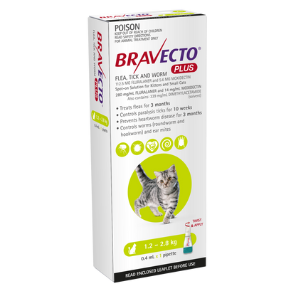 Bravecto Plus flea, tick, and worm prevention for cats 2.6-6.1 lbs, green pack