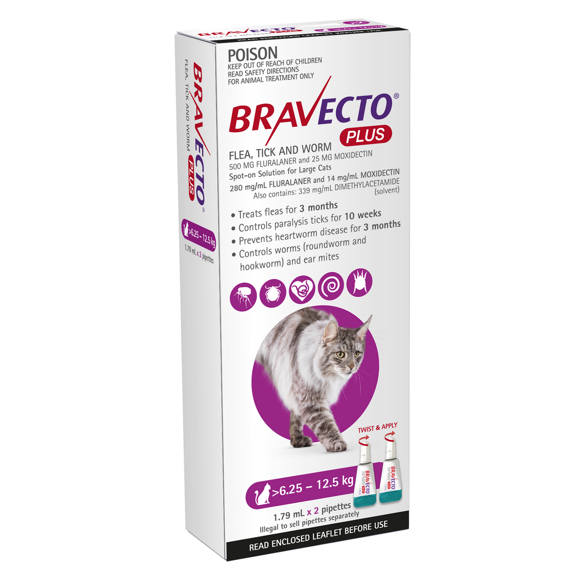 Bravecto Plus purple box for cats 13.7-27.5 lbs, broad parasite coverage