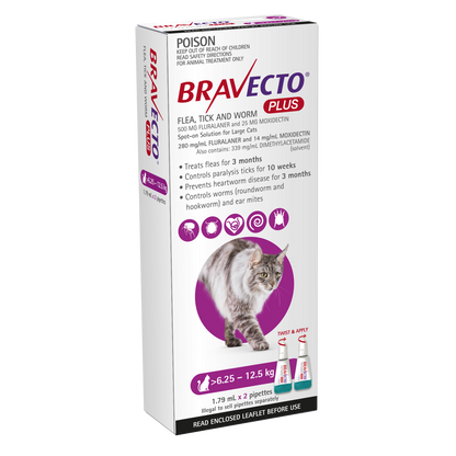 Bravecto Plus purple box for cats 13.7-27.5 lbs, broad parasite coverage