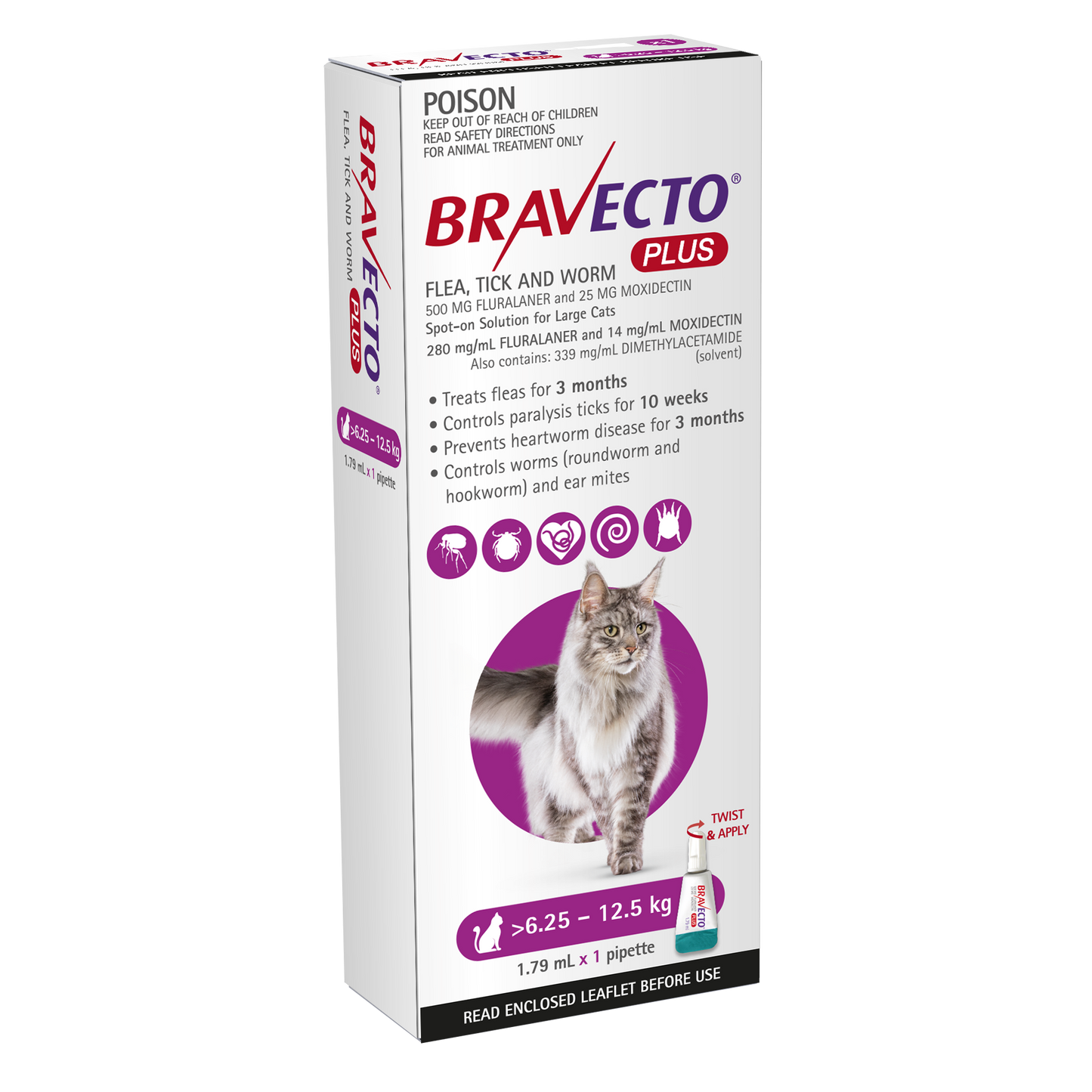 Bravecto Plus flea, tick, and worm protection for large cats 13.7-27.5 lbs, purple pack