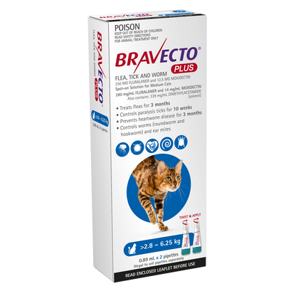 Bravecto Plus blue pack for medium cats 6.1-13.7 lbs, parasite protection