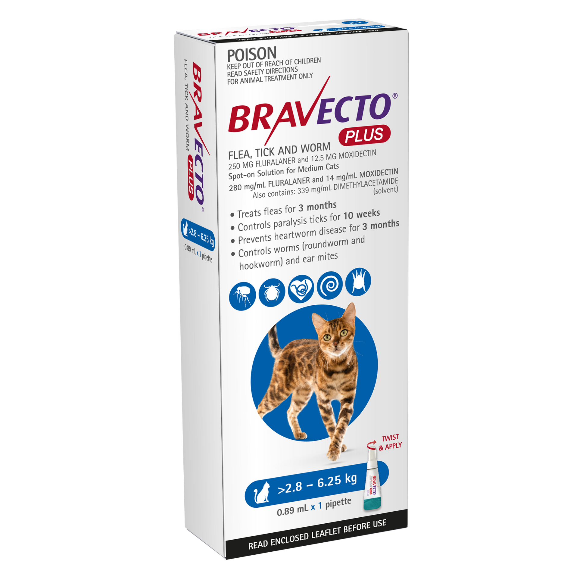 Bravecto Plus flea, tick, and worm treatment for cats 6.1-13.7 lbs, blue box