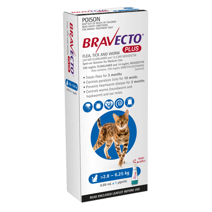 Bravecto Plus flea, tick, and worm treatment for cats 6.1-13.7 lbs, blue box