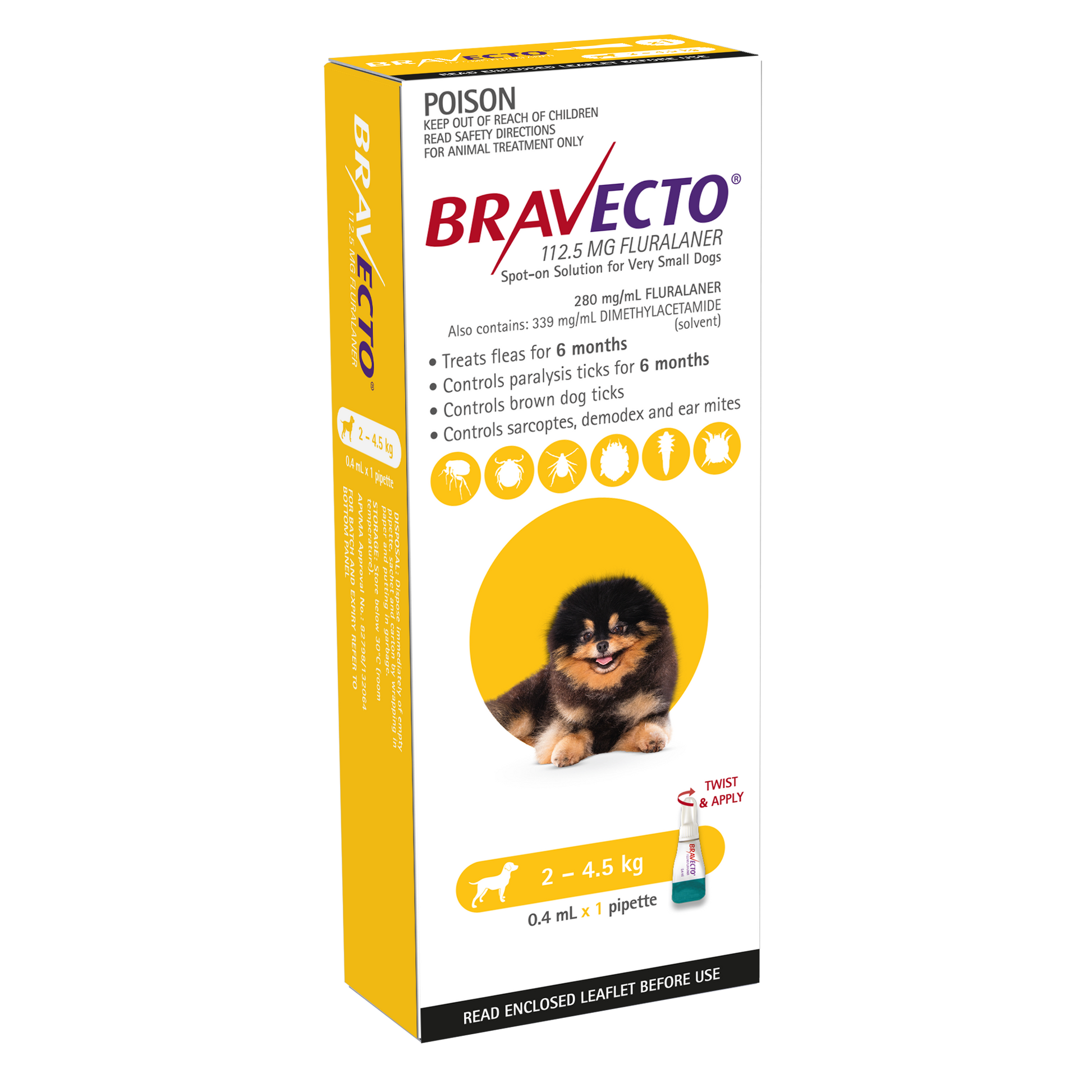Bravecto Spot-On for Extra Small Dogs, yellow and white box with a Pomeranian image.