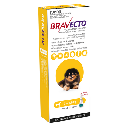 Bravecto Spot-On for Extra Small Dogs, yellow and white box with a Pomeranian image.