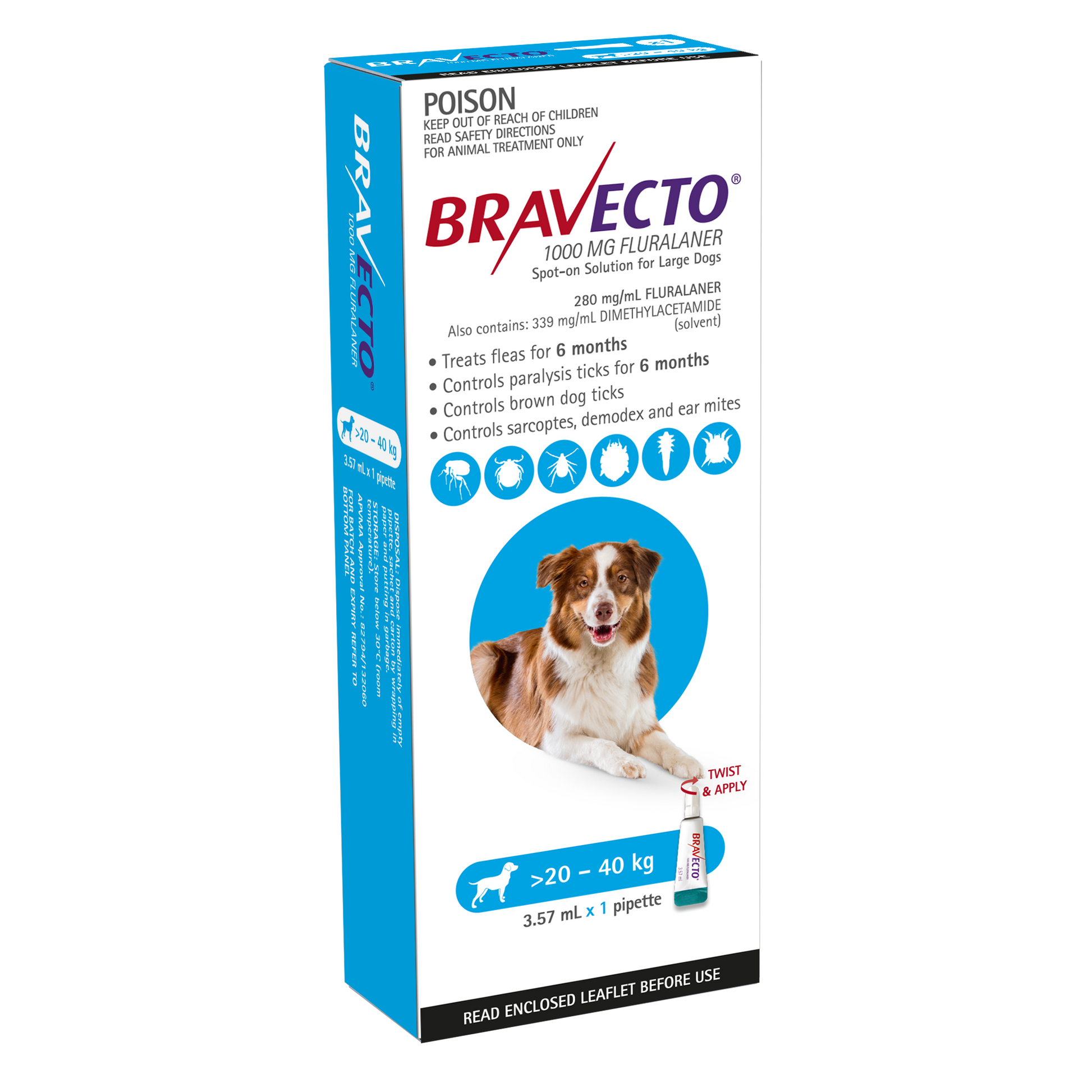Bravecto Spot-On flea and tick treatment for large dogs 44-88 lbs, single blue pack