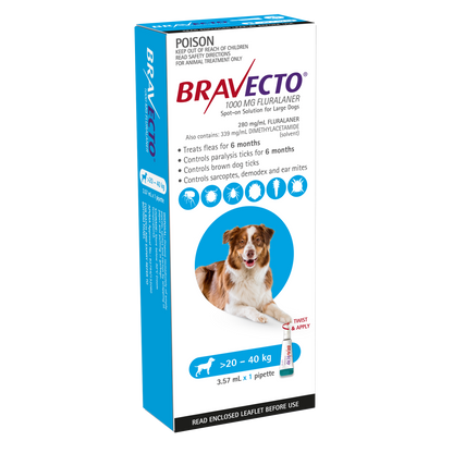 Bravecto Spot-On flea and tick treatment for large dogs 44-88 lbs, single blue pack