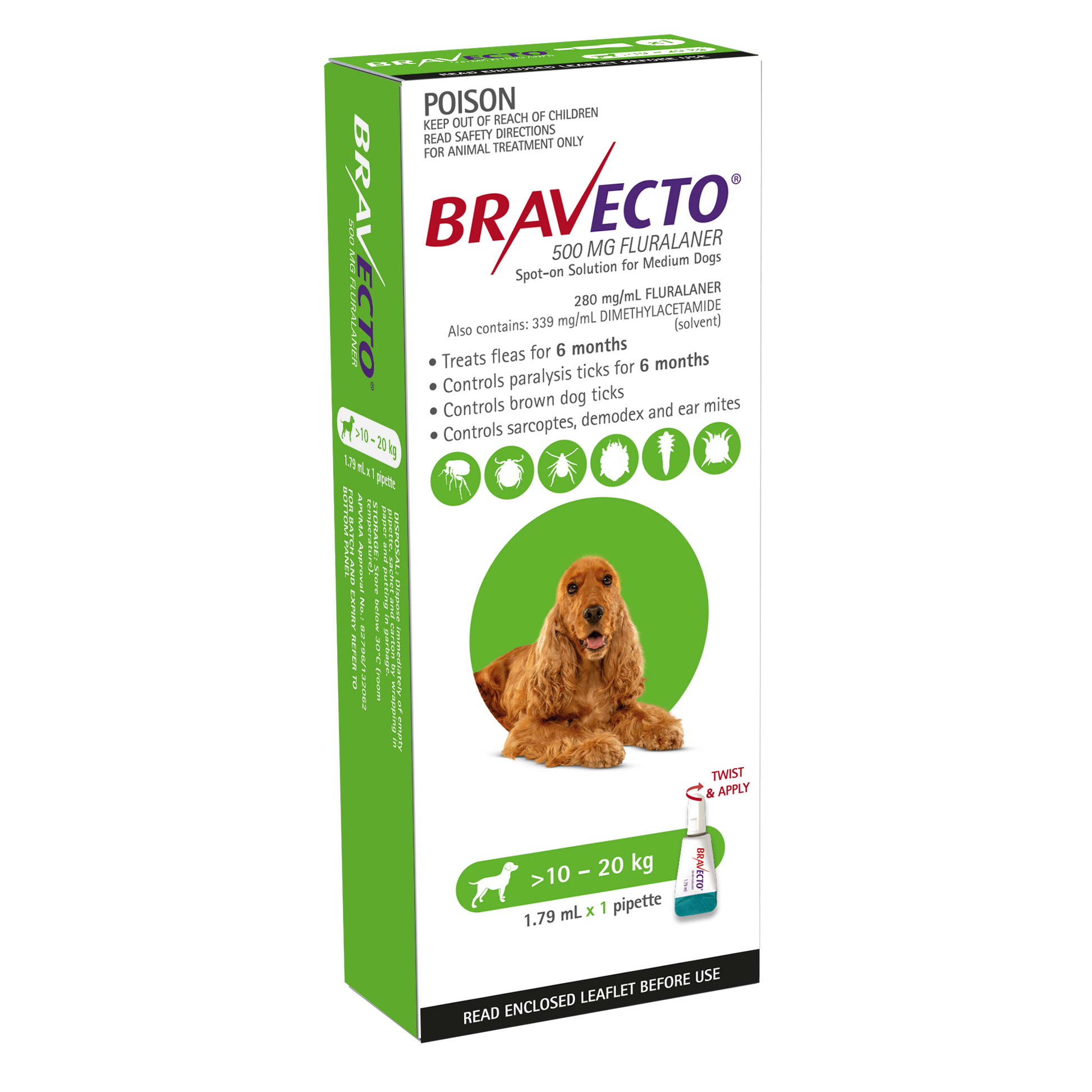 Bravecto Spot-On for Medium Dogs (22-44lbs) in green packaging, featuring a cocker spaniel.