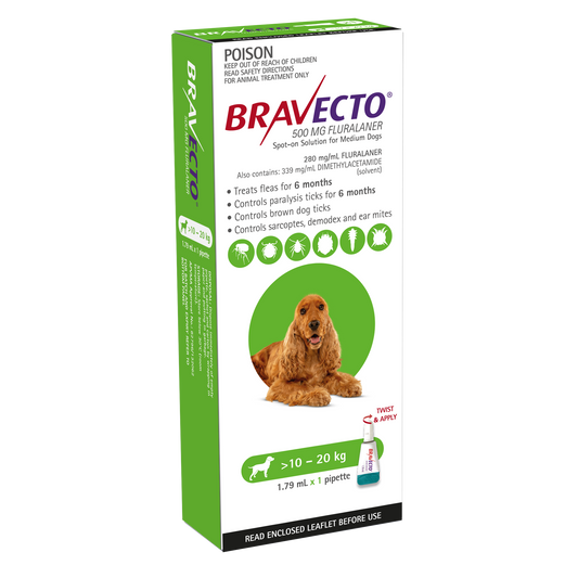 Bravecto Spot-On for Medium Dogs (22-44lbs) in green packaging, featuring a cocker spaniel.