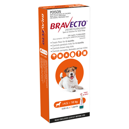 Orange Bravecto Spot-On for Small Dogs (9.9-22lbs) box with a terrier and pipette.