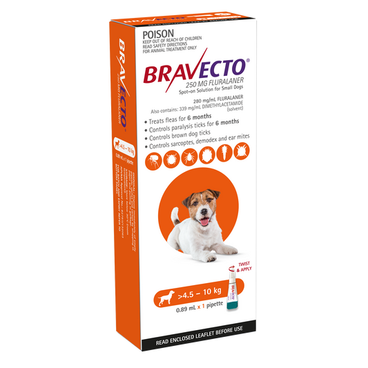 Orange Bravecto Spot-On for Small Dogs (9.9-22lbs) box with a terrier and pipette.