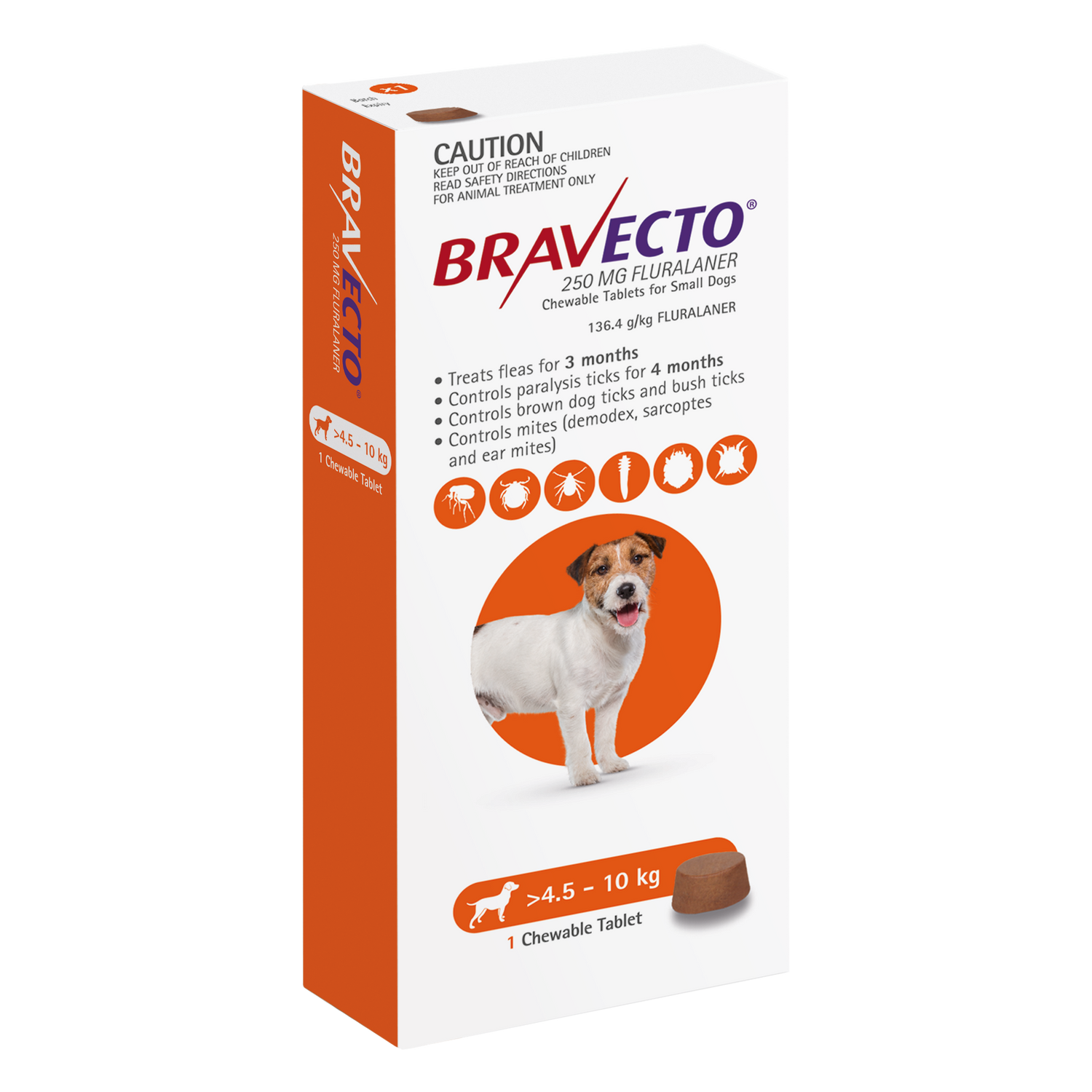 Bravecto chewable flea and tick tablet for small dogs 9.9-22 lbs, orange pack