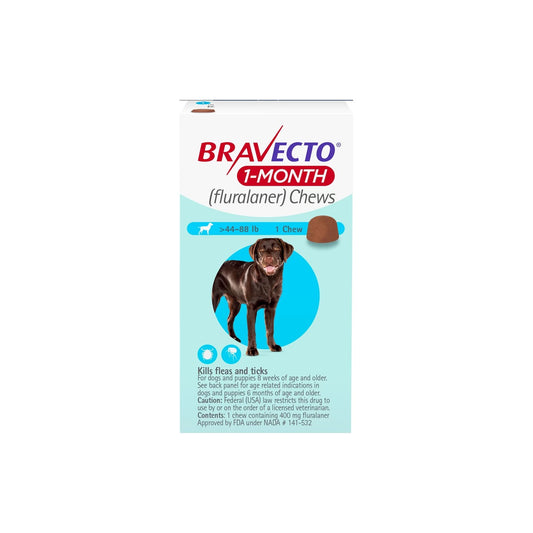 Bravecto 1 Month Chew for Dogs 44-88 lbs Blue – front of pack – front of pack