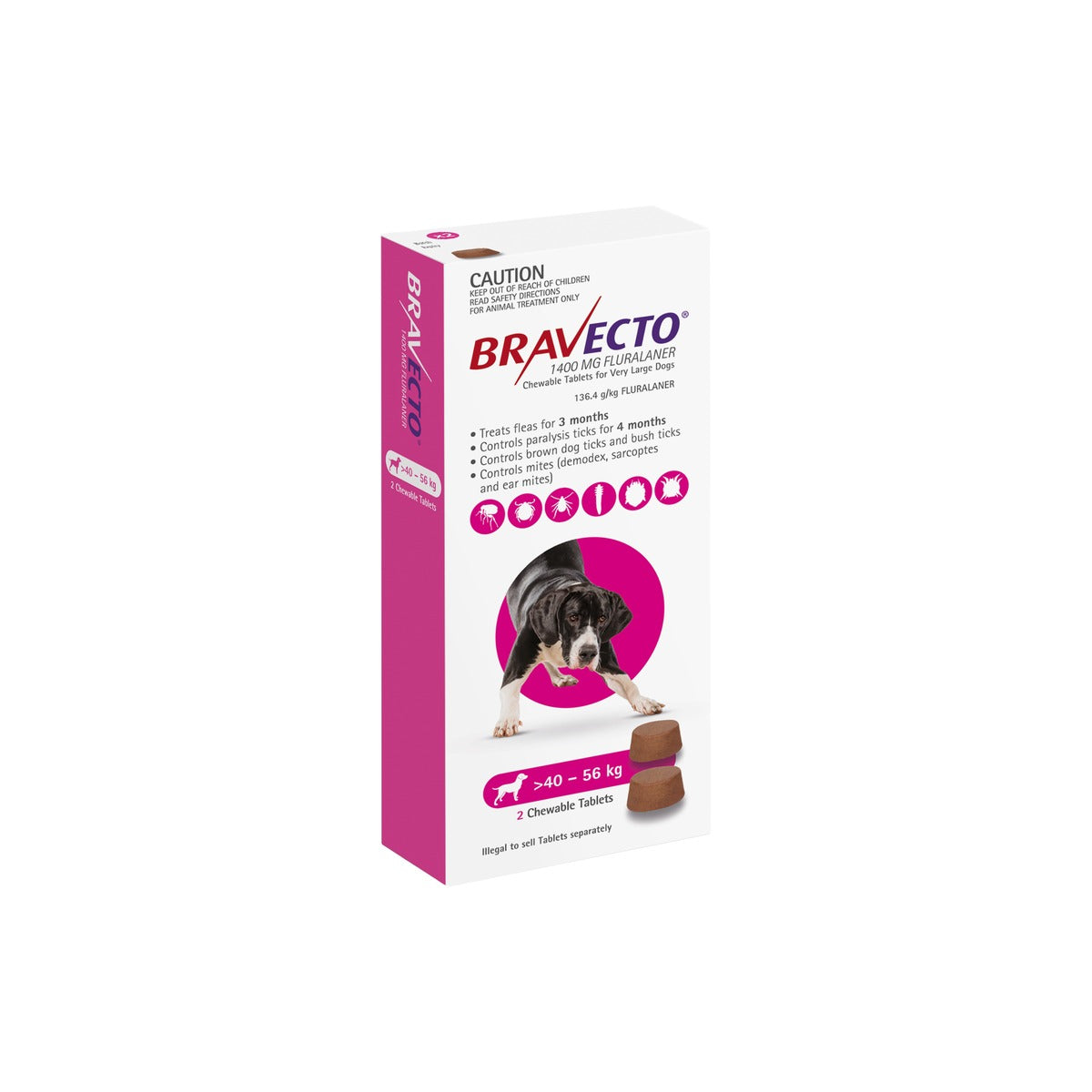 Bravecto Chewables for Extra Large Dogs 88-123 lbs 40-56 kg Pink – front of pack