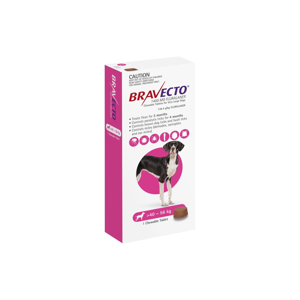 Bravecto Chewables for Extra Large Dogs 88-123 lbs 40-56 kg Pink – front of pack