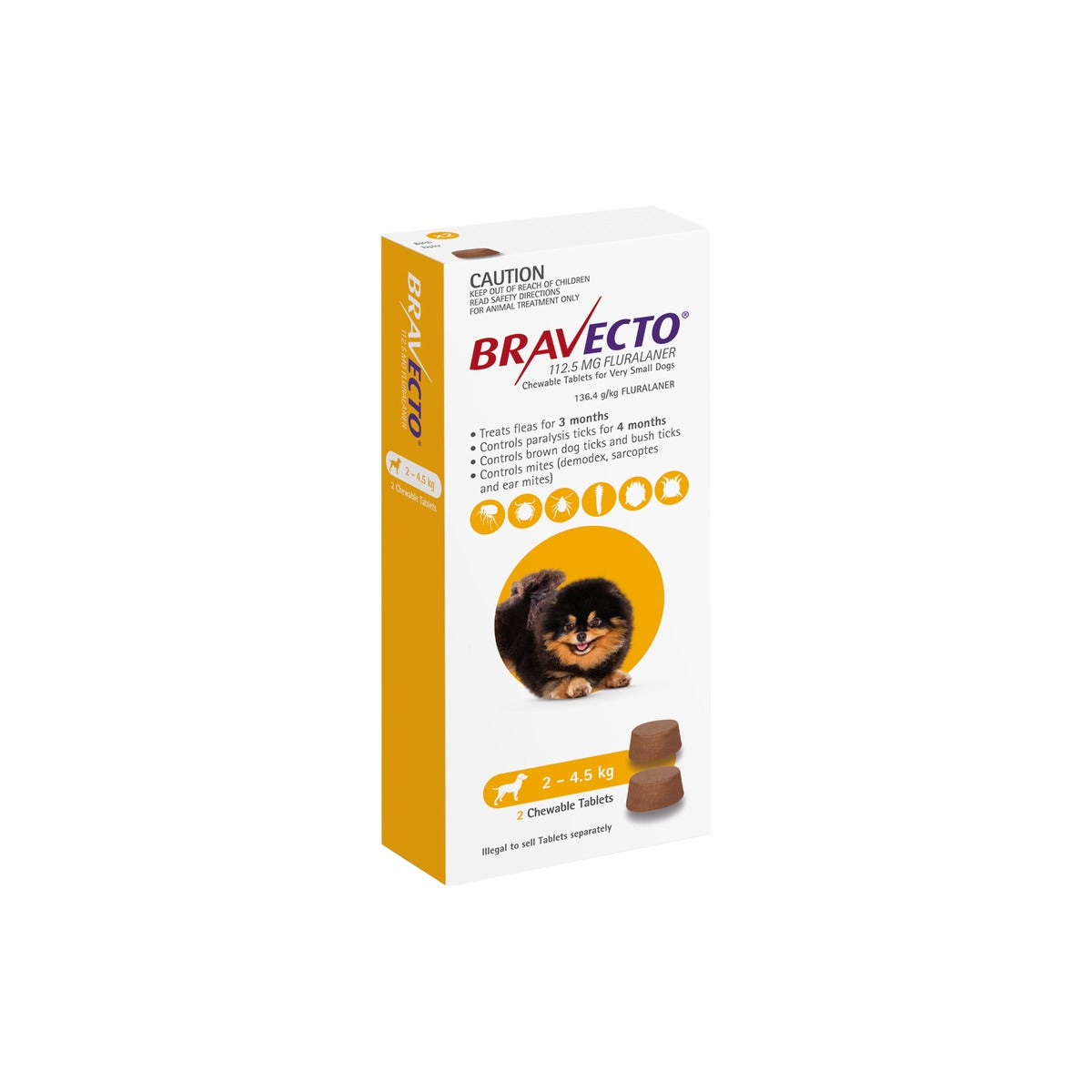 Bravecto Chewables for Extra Small Dogs 4.4-9.9 lbs 2-4.5 kg Yellow – front of pack
