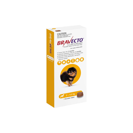 Bravecto Chewables for Extra Small Dogs 4.4-9.9 lbs 2-4.5 kg Yellow – front of pack – front of pack